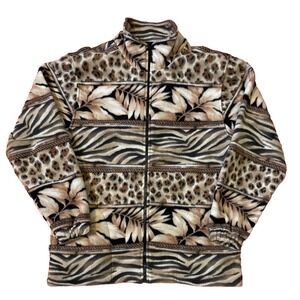 Karen Scott Animal Print Fleece Jacket Brown Womens Sz Small Full Zip Pockets
